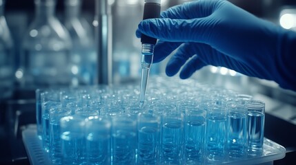 A scientist's hand wearing gloves holding vials filled with liquid