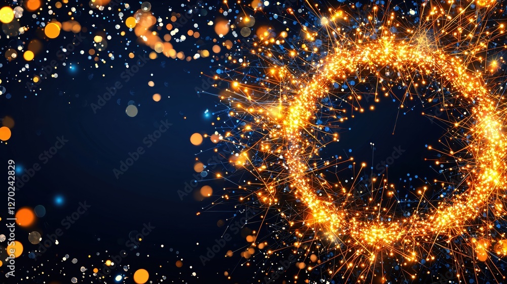 Poster abstract glowing circle of light on dark blue background with bokeh and light trails design