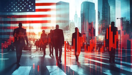 American city street, business people walking, economic downturn, US flag background