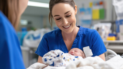 Australian nurse doctor woman carrying a newborn baby at pediatric home care healthcare