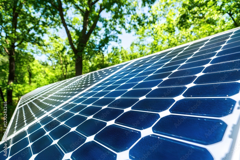Poster solar panel array with green trees and blue sky generating clean power for a sustainable future