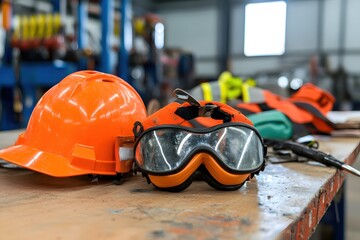 Fototapeta premium Safety First Workplace Gear Hard Hat Goggles and Gloves on Table in Industrial Setting
