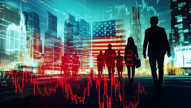 Night city stroll, financial figures walking, USA background, economic downturn - Powered by Adobe