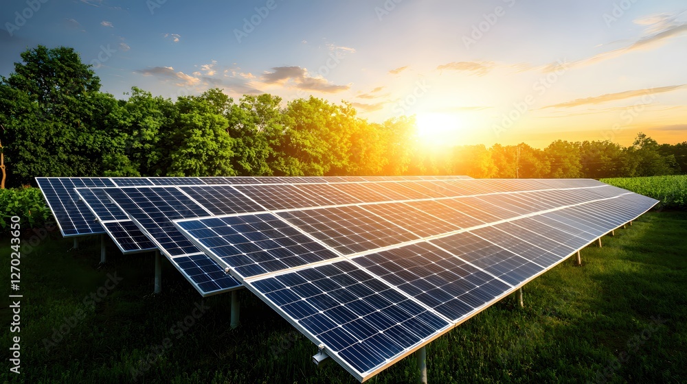 Poster solar panels array at sunset generating clean renewable energy in a green field with trees and a bri