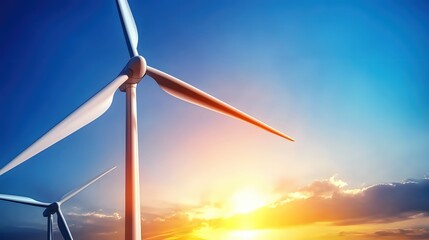 Fototapeta premium Serene Wind Turbines Against a Vibrant Sky at Sunset Capturing Sustainable Energy and Environmental Harmony with a Low Angle Perspective