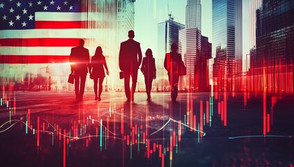 American business people walk city street financial data overlay