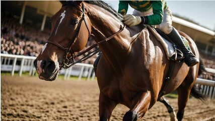 Obraz premium Cheltenham Festival, close-up of an energetic racehorse with a jockey in the saddle, details of sweat on the horse's body and the bridle glistening in the sunlight, Ai generated images