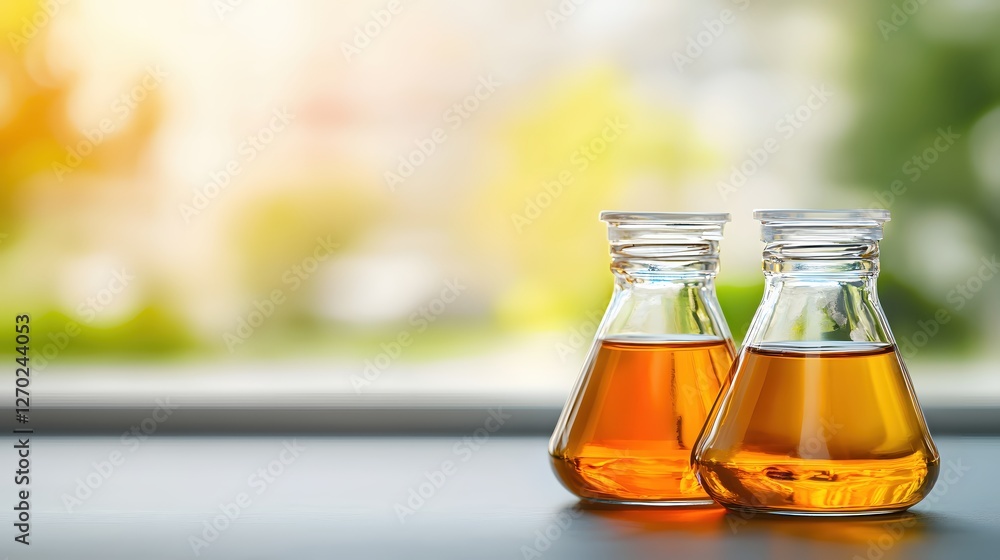 Aufkleber two erlenmeyer flasks filled with amber liquid in a laboratory setting with natural light and a blur