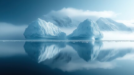 Serene Iceberg Reflection in Calm Arctic Waters with Foggy Mountains