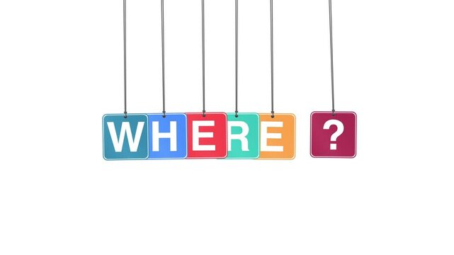 "Where" word or text with a question mark hanging and bouncing animation on a white background and green screen. Represents location, direction, and inquiry