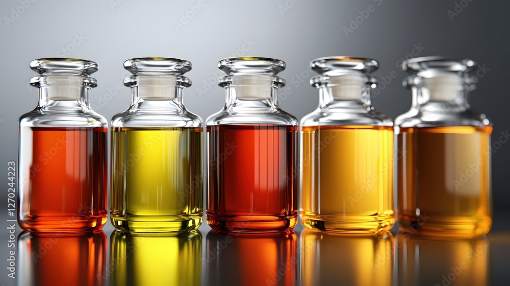Aufkleber row of glass bottles filled with colorful liquids on reflective surface in a laboratory setting