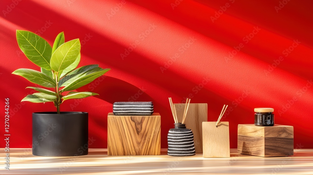 Poster bright red backdrop with plant and decorative objects displaying modern home decor style