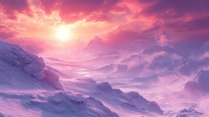Serene Snowy Landscape with Colorful Sunset Over Mountains