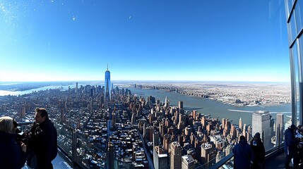 Obraz premium Tourists viewing panoramic NYC cityscape from skyscraper observation deck