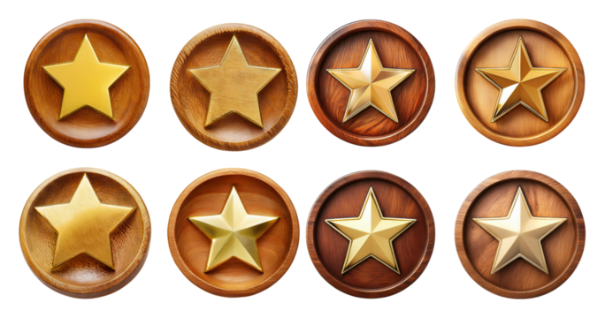 Collection of Golden Star Badges on Wooden Backgrounds, isolated on transparent background