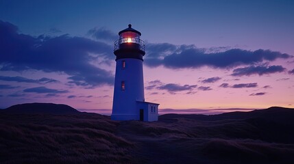A serene lighthouse illuminated at dusk, surrounded by rolling hills and a colorful sky