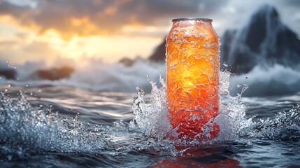 Ocean sunset, drink can, waves, splash, refreshing