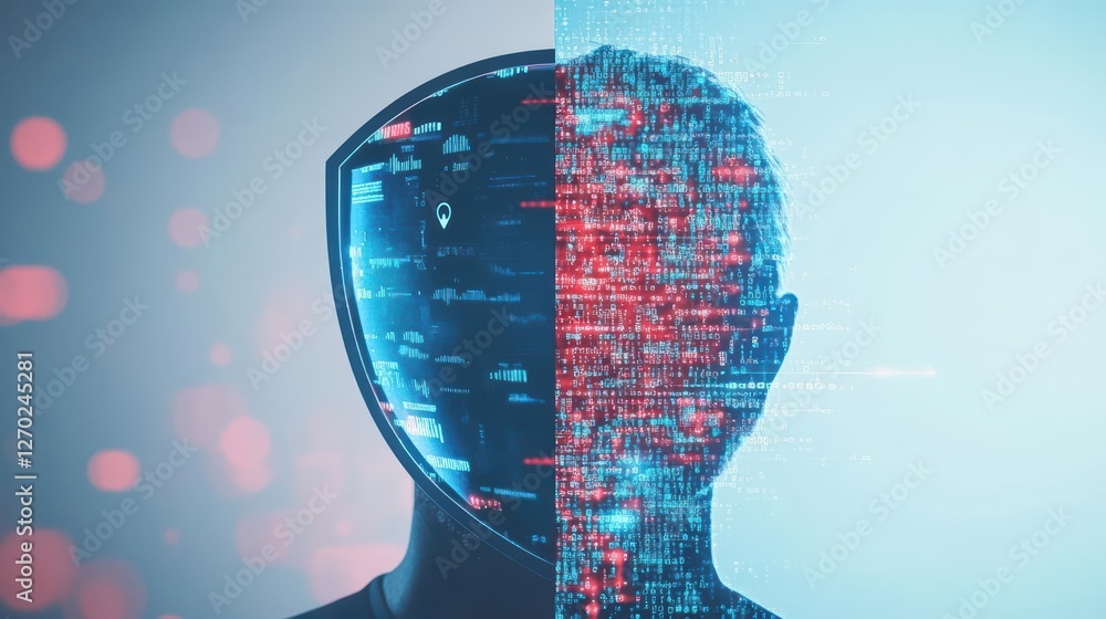 Poster a man with a thoughtful expression surrounded by a vibrant digital interface symbolizing innovation 