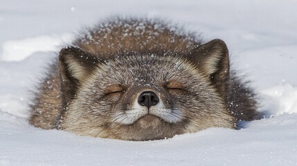 Obraz premium A serene fox resting peacefully in the snow, surrounded by a tranquil winter landscape