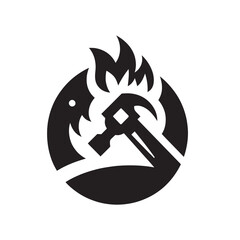 Hammer and flame in a circle.