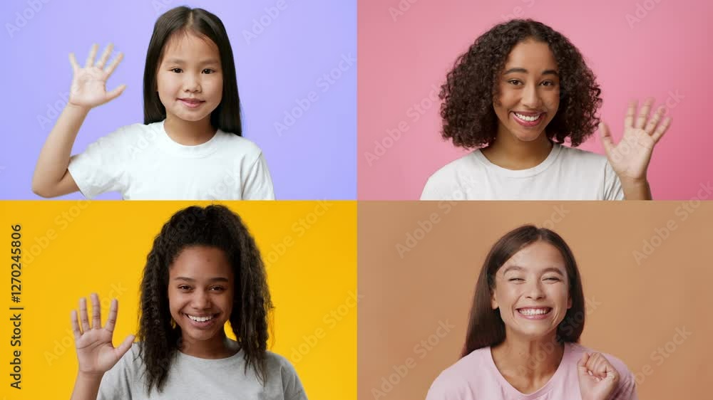 Poster a collage showcasing diverse individuals smiling and waving hello. each person expresses joy through