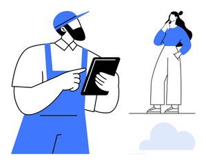 Man in work overalls holding a tablet while pointing at the screen, consulting with a contemplative woman. Ideal for themes in digital tools, teamwork, productivity, modern workforce, communication