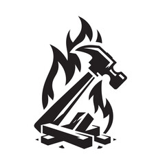 Hammer hitting wood in fire.