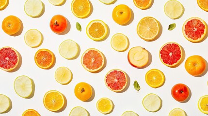 Colorful assortment of sliced citrus fruits arranged on a white background, showcasing freshness