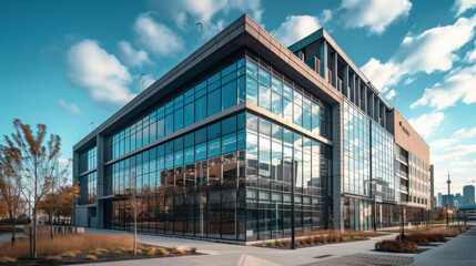 Modern commercial building with large glass windows and urban landscape