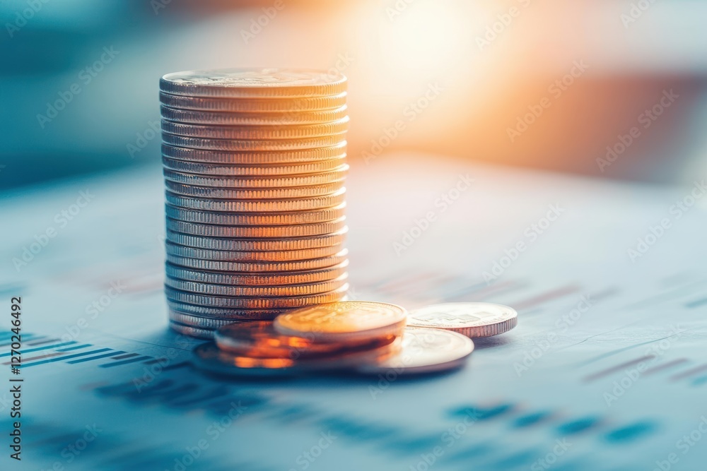 Poster piled shiny coins stacked neatly on each other showcasing their textured surfaces and gleaming finis