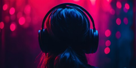 Woman with Headphones Listening to Music at Night, Neon Vibe