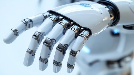 Close-up of a white robotic hand.