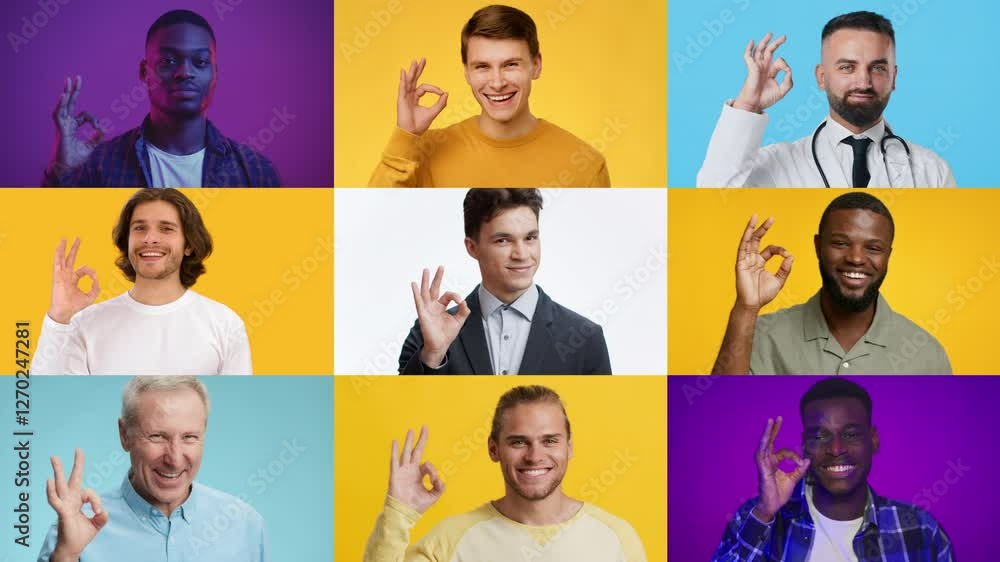Poster A collection of nine men from various backgrounds each expressing a positive okay gesture. The vibrant colors highlight their diversity and unity.