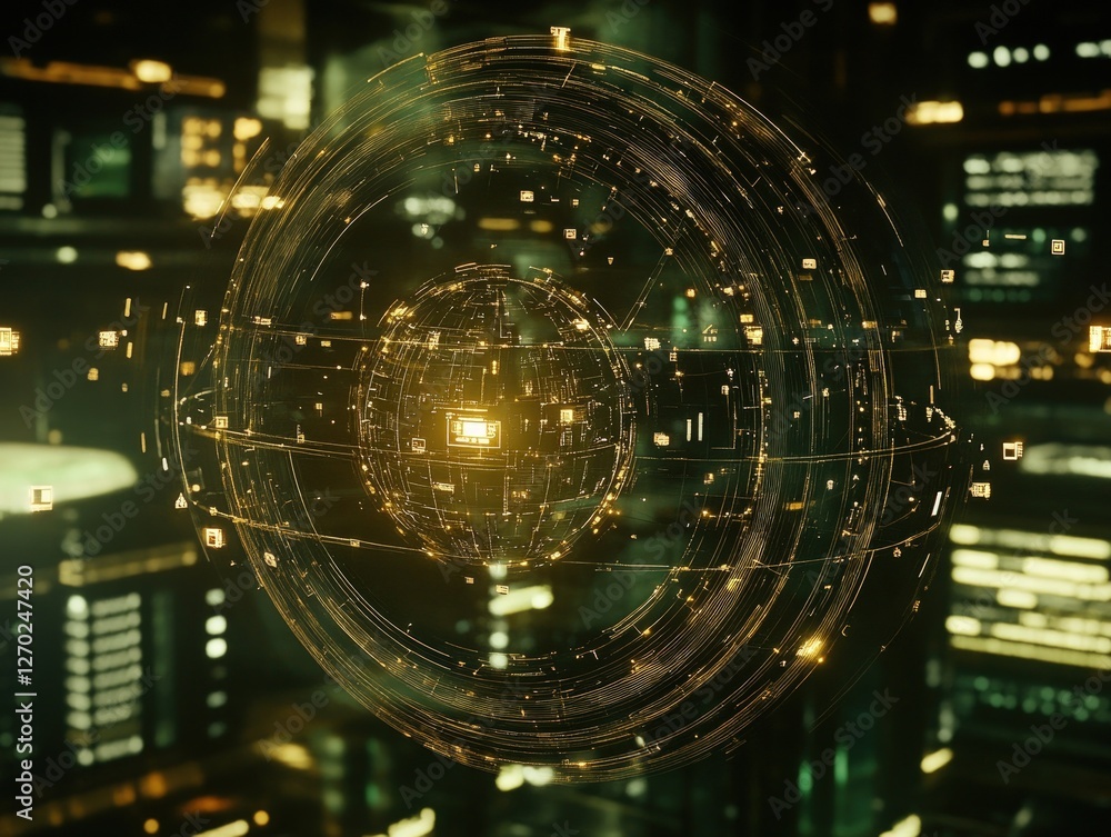 Poster futuristic sphere of glowing data streams floating in darkness