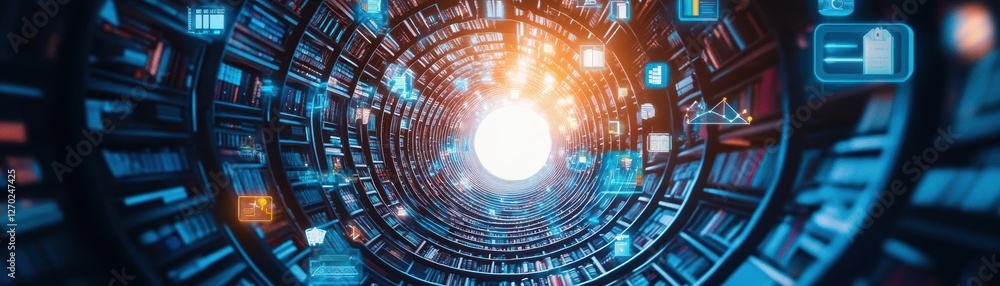 Poster intricate tunnel filled with diverse information layers illuminated by soft ambient light creating a