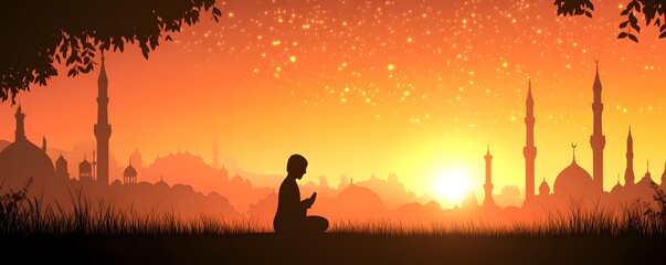 Silhouette of a man praying before a cityscape at sunset