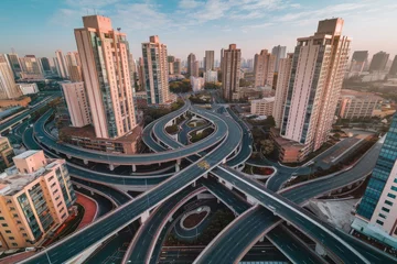 Aerial View of Shanghai's Intricate Nanpu Bridge Interchange at Golden Hour, Showing Modern Cityscape and Complex Road Network in Soft Light