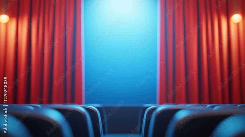 Poster a theater scene with red curtains and blue lighting, creating an inviting atmosphere for performance