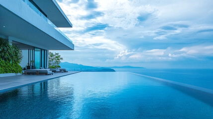 Fototapeta premium A luxurious high-rise condominium with infinity pools on the balcony, overlooking the ocean