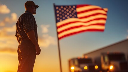 Farmer Silhouette Against Beautiful American Flag and Sunset Background