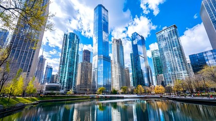 Fototapeta premium Chicago Skyline Reflection, Modern Cityscape - Cityscapes