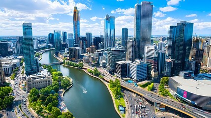 Obraz premium Melbourne Cityscape Aerial View: River & Skyscrapers - Aerial Photo.