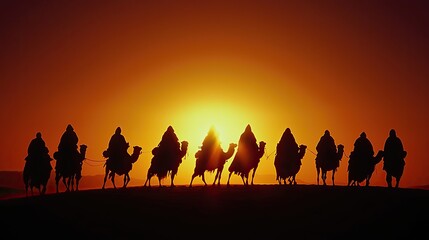 Silhouetted caravan of travelers crossing desert dunes at sunset, evoking adventure and exploration