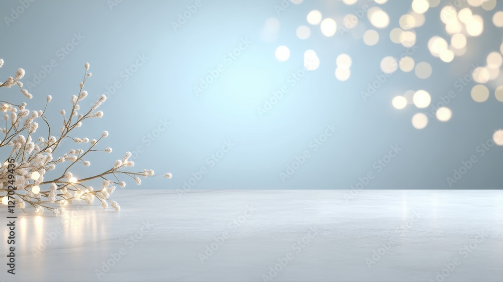 Poster minimalist winter background with bokeh lights and delicate white branches on a smooth surface.