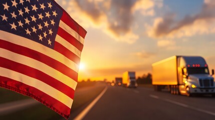 American Flag Wave at Sunset with Trucks Driving on a Highway Landscape