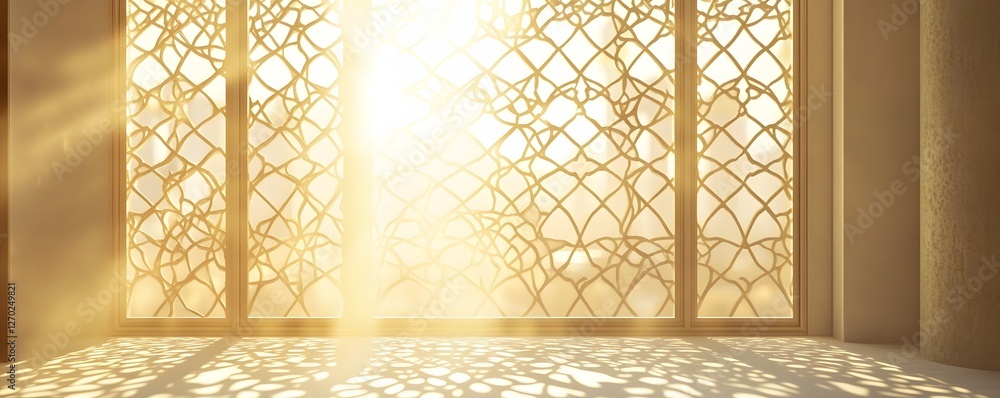 Poster sunlight streams through an ornate window casting shadows on floor