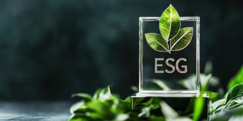 Glass trophy with leaves symbolizes sustainable ESG values on a dark background.