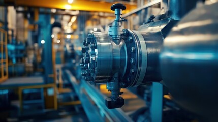 Fototapeta premium Industrial Machinery Close-Up: Steel Pipes, Valves, and Control Systems in a Modern Factory