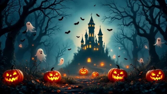 Haunted castle glows in a spooky forest with jack-o'-lanterns and floating ghosts.