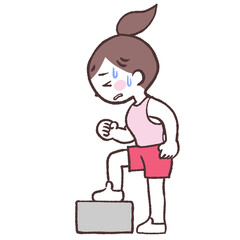 昇降運動でくたくたになりながら後ろ向きに箱から降りる女性全身イラスト
